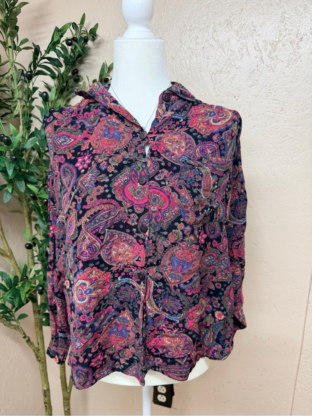 At Last Paisley Button-Down Blouse in Pink & Black